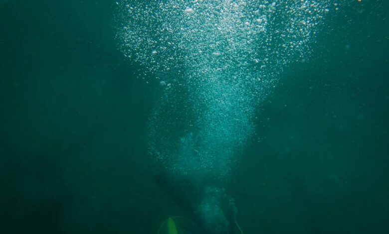 A scuba diver creates a trail of bubbles while exploring the deep ocean underwater.