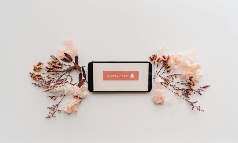 Minimalist flatlay featuring a smartphone with a subscribe screen, surrounded by delicate dried flowers.