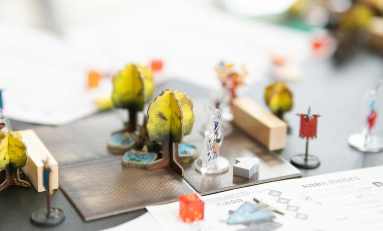 Detailed setup of a tabletop role-playing game with miniature figures and dice in San José, Costa Rica.