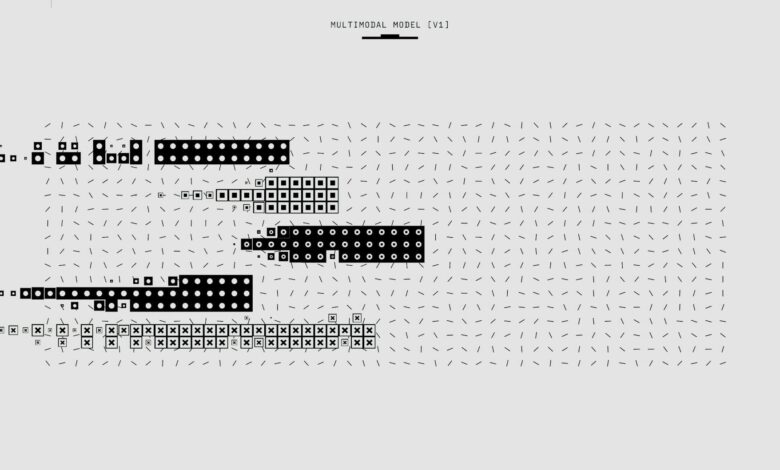 Abstract black and white graphic featuring a multimodal model pattern with various shapes.