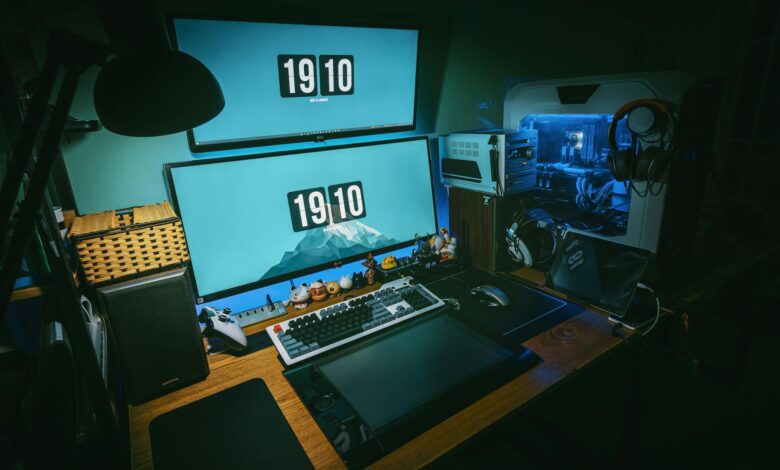A sleek gaming desk setup featuring dual monitors, keyboard, and gaming PC in a dimly lit home office.