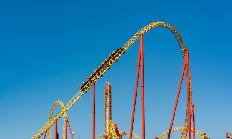 An exhilarating view of a roller coaster at an amusement park against a clear blue sky.