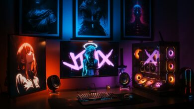 A vibrant gaming setup with neon lights, displays, and a custom PC in an artistic room.