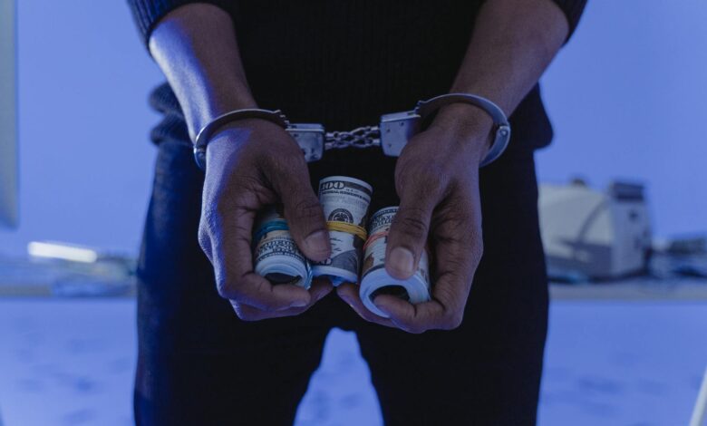 Close-up of handcuffed hands holding rolled cash, suggesting crime or arrest.
