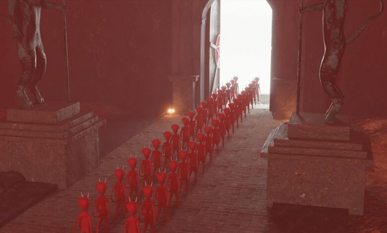 Dark fantasy scene showcasing red demonic figures entering through a mysterious gate.