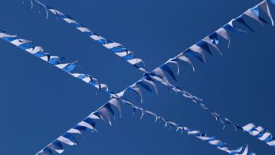 Photo of blue and white streamers crisscrossing a clear blue sky.