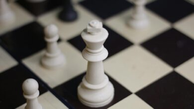 Detailed view of chess pieces on a chessboard, focusing on a king piece.
