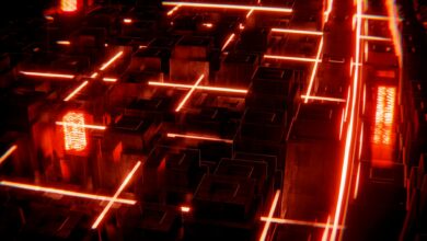 Explore a vibrant techno cityscape with glowing neon lights and abstract structures.