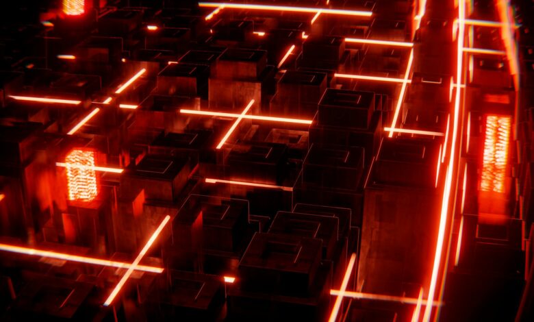 Explore a vibrant techno cityscape with glowing neon lights and abstract structures.