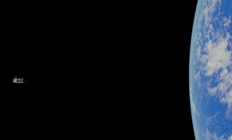 A stunning view of Earth with a distant satellite in space.