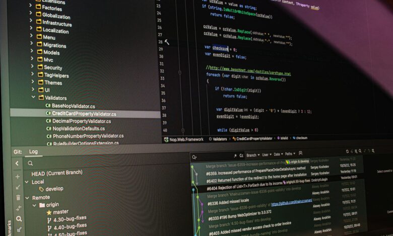 Close-up of software development tools displaying code and version control systems on a computer monitor.