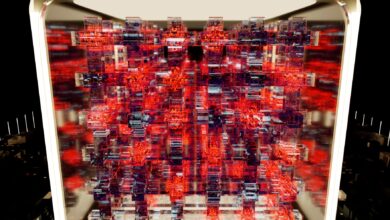 Complex digital structure of red and black blocks, creating a 3D illusion.