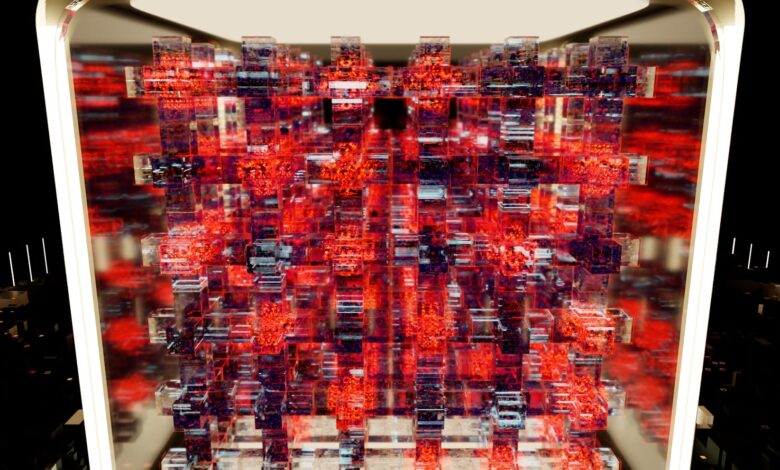 Complex digital structure of red and black blocks, creating a 3D illusion.