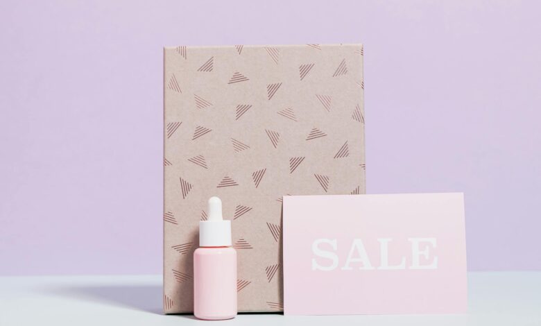 Chic skincare packaging with a prominent sale sign in a minimal design.