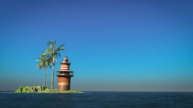 Vibrant seascape with a lighthouse on a palm-adorned island beneath a clear blue sky.