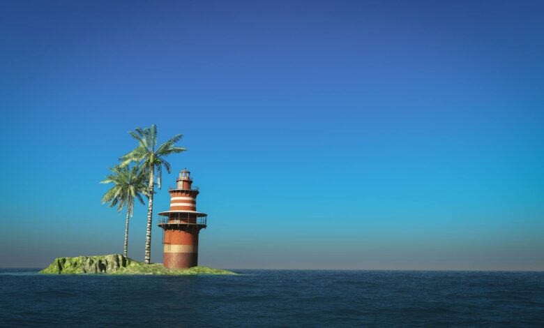 Vibrant seascape with a lighthouse on a palm-adorned island beneath a clear blue sky.