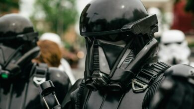Detailed shot of a person in a Star Wars stormtrooper costume at a cosplay event.