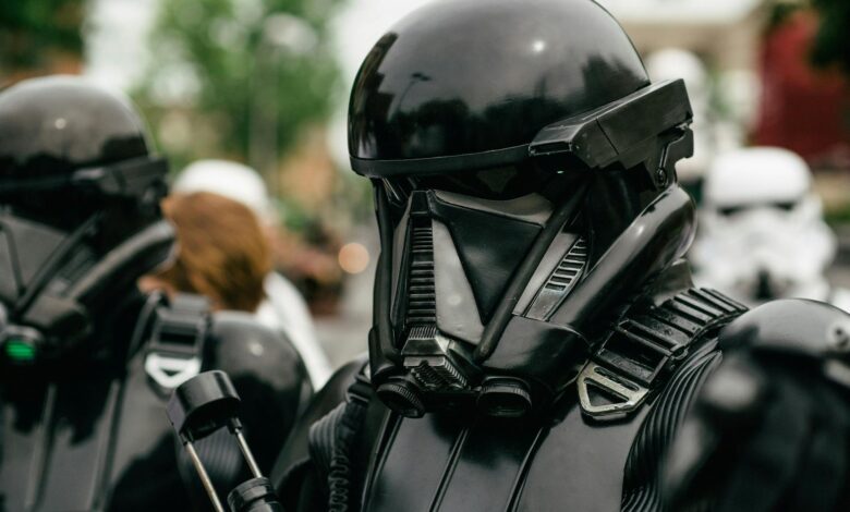 Detailed shot of a person in a Star Wars stormtrooper costume at a cosplay event.