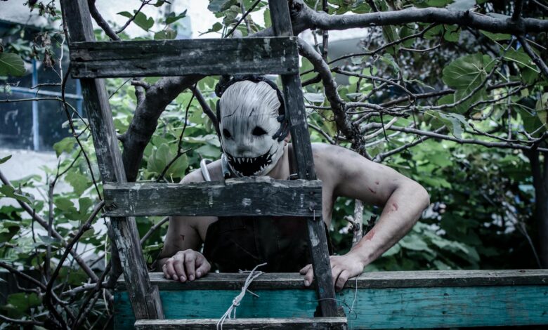 A spooky masked figure peers through a ladder in an eerie overgrown garden setting.