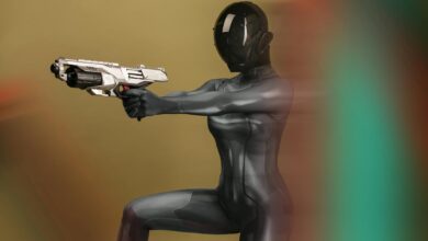 A futuristic female warrior in a sleek design, holding a sci-fi weapon.
