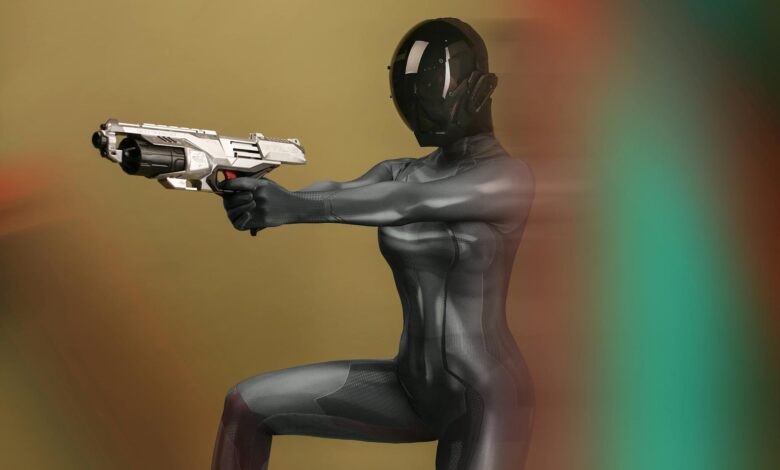 A futuristic female warrior in a sleek design, holding a sci-fi weapon.
