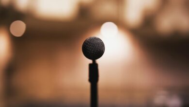 Microphone on stand with blurred background, ideal for music or speech themes.