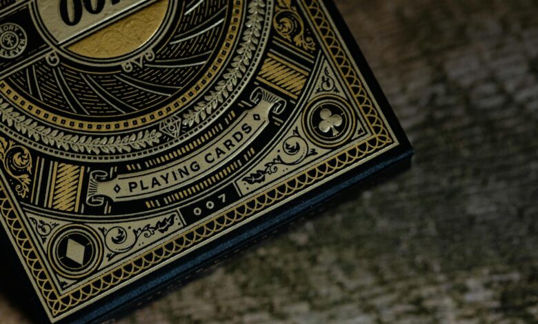 Close-up of luxury 007 themed playing cards with intricate design.
