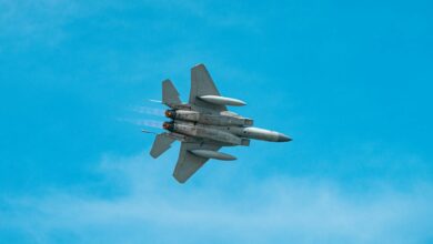 A military jet aircraft soaring through a clear blue sky, showcasing agility and power.
