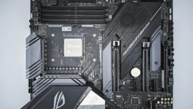Detailed close-up of a gaming motherboard featuring advanced chip technology.