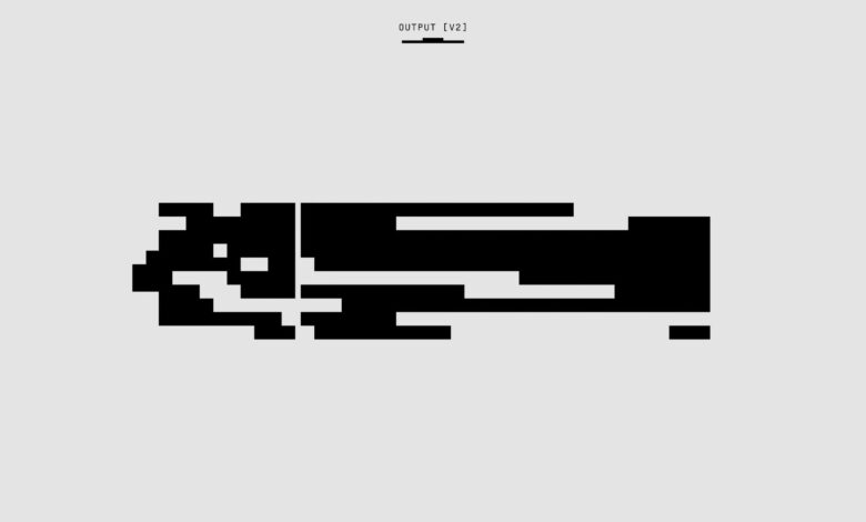 A modern abstract design featuring a pixelated pattern with geometric shapes on a blank backdrop.