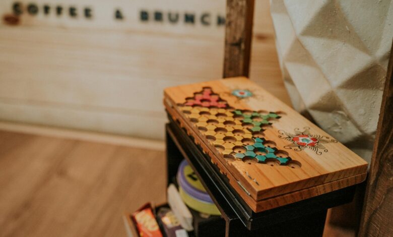 A nostalgic wooden board game set in a cozy cafe setting, evoking retro vibes.