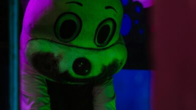 A spooky figure in a costume with dramatic lighting, creating a Halloween atmosphere.