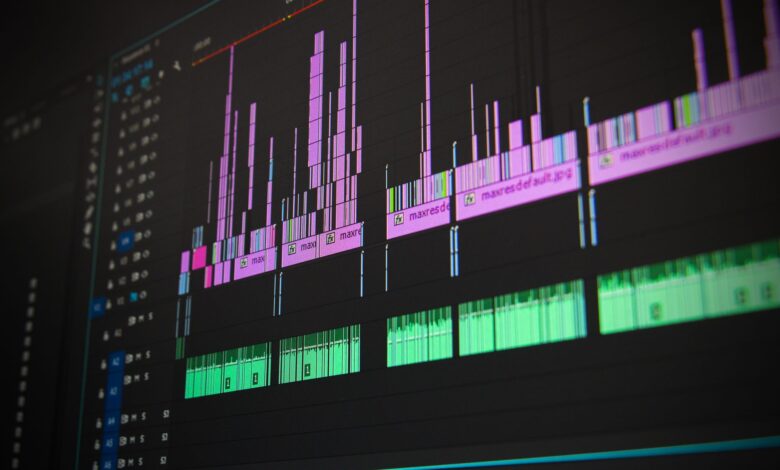 Close-up of a professional audio and video editing software interface with waveform displays.