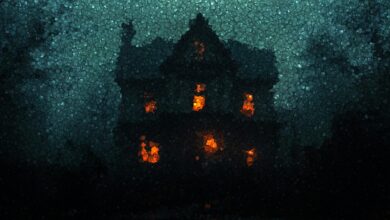 Eerie mosaic of a haunted house illuminated in the night, exuding a spooky atmosphere.