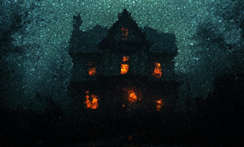 Eerie mosaic of a haunted house illuminated in the night, exuding a spooky atmosphere.