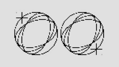 Intricate black and white pixel art featuring circular patterns with binary symbols, showcasing abstract shapes.