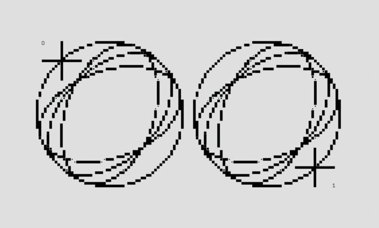 Intricate black and white pixel art featuring circular patterns with binary symbols, showcasing abstract shapes.