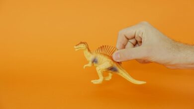 A hand holding a plastic dinosaur toy against a vibrant orange background, showcasing creativity and playfulness.