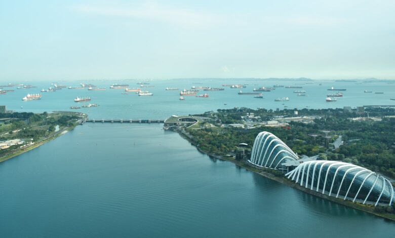 Stunning aerial shot of Singapore's Marina Bay with iconic architecture and ocean harbor.
