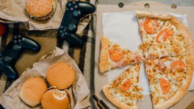 Aerial view of delicious pizza, burgers, and gaming controllers on a plaid blanket.