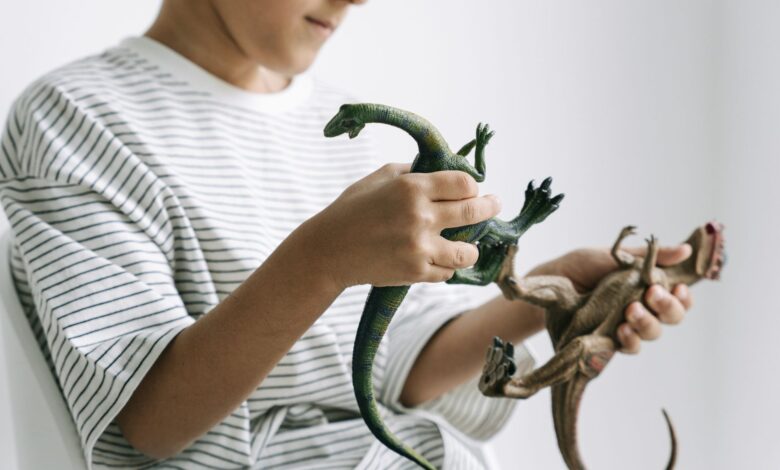 A child in a striped shirt engaging with toy dinosaurs in a playful setting.
