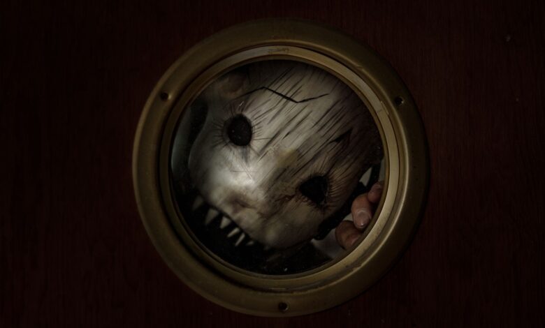 Creepy masked figure looking through a porthole, creating a chilling and eerie Halloween vibe.