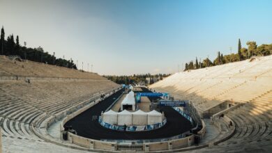 The historic Panathenaic Stadium in Athens, Greece, with marathon preparations underway.