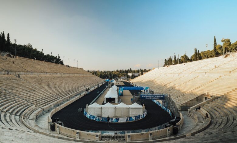 The historic Panathenaic Stadium in Athens, Greece, with marathon preparations underway.