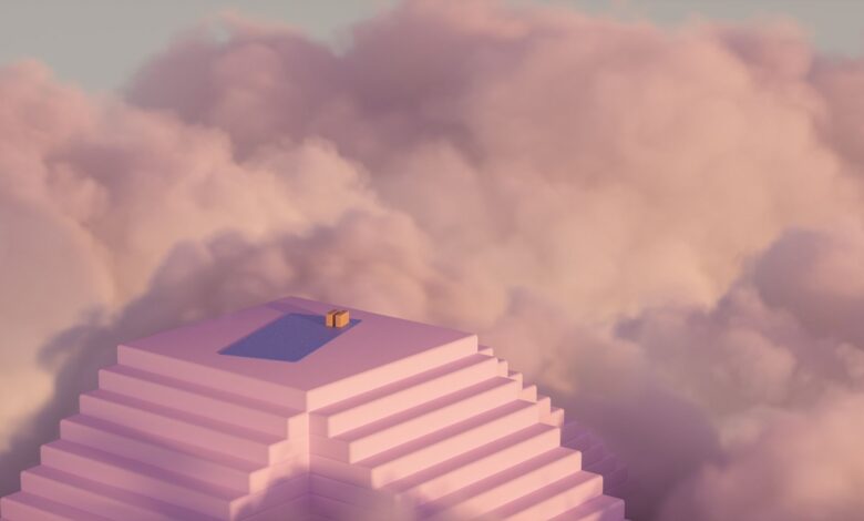 A surreal pink pyramid topped with a staircase, surrounded by fluffy clouds.
