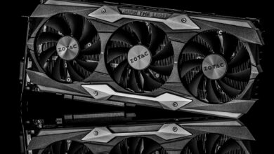 Black and white image of a graphics card with technology theme and metal reflection.