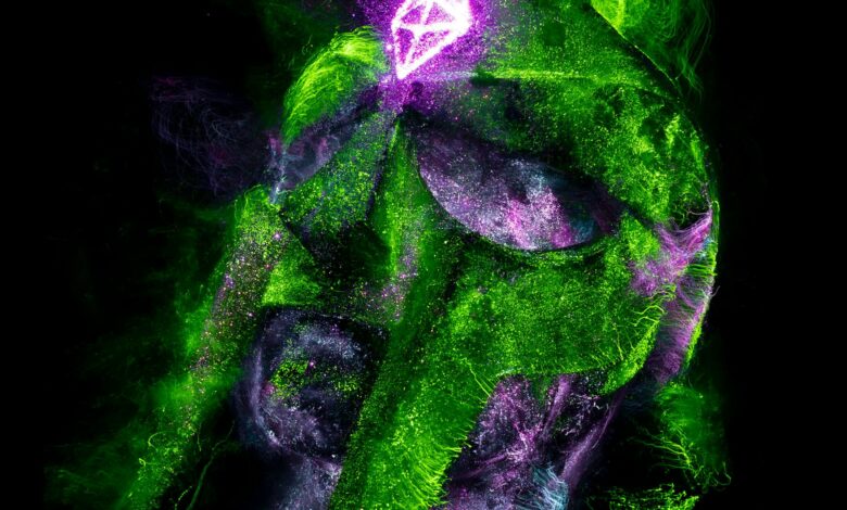A stunning neon abstract artwork featuring vivid green and purple hues with a surreal texture.