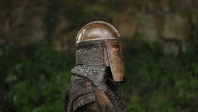 A knight in full medieval armor standing outdoors in Höxter, Germany.