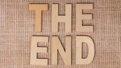 Wooden letters arranged to spell 'The End' on a burlap background.