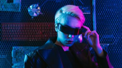 A stylish woman in a futuristic setting with cyberpunk aesthetics and neon lighting.
